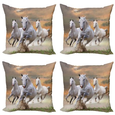 Ambesonne Horses Decorative Throw Pillow Case Pack of 4, Stallion Horses Running on a Mystic Sky Background Male Champions Print, Cushion Cover for Couch Living Room Car, 18", White Orange