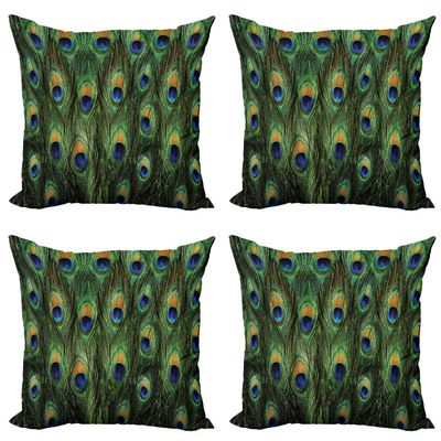 Ambesonne Peacock Throw Pillow Cushion Case Pack of 4, Peacock Tail Feathers Tropical Exotic Animals Close-up Picture Artwork, Modern Accent Double-Sided Digital Printing, 24", Green Mustard