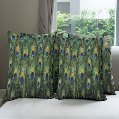 Ambesonne Peacock Throw Pillow Cushion Case Pack of 4, Peacock Tail Feathers Tropical Exotic Animals Close-up Picture Artwork, Modern Accent Double-Sided Digital Printing, 16", Green Mustard
