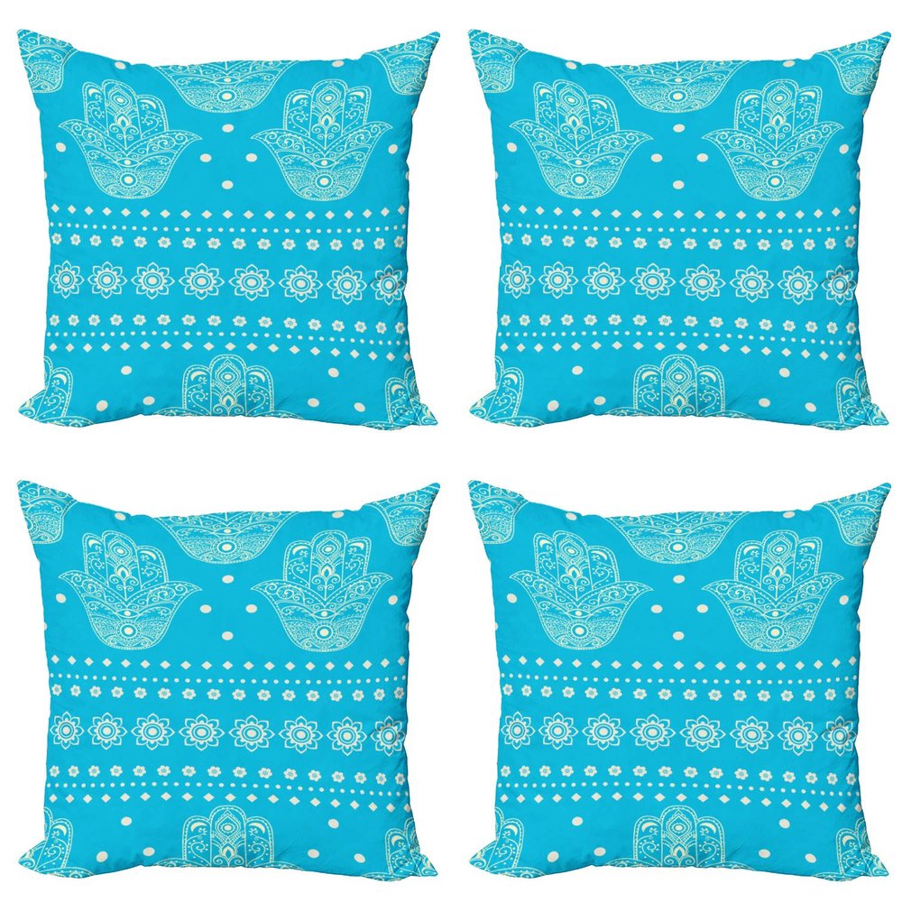 Ambesonne Hamsa Throw Pillow Cushion Case Pack of 4, Theme Hamsa Hands Geometric and Floral Pattern Evil Eye Protection, Modern Accent Double-Sided Digital Printing, 16", Blue