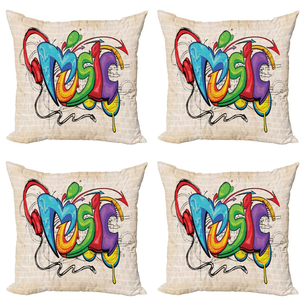 Ambesonne Music Throw Pillow Cushion Case Pack of 4, Illustration of Graffiti Style Lettering Headphones Hip Hop Theme on Beige Bricks, Modern Accent Double-Sided Digital Printing, 24", Tan Green