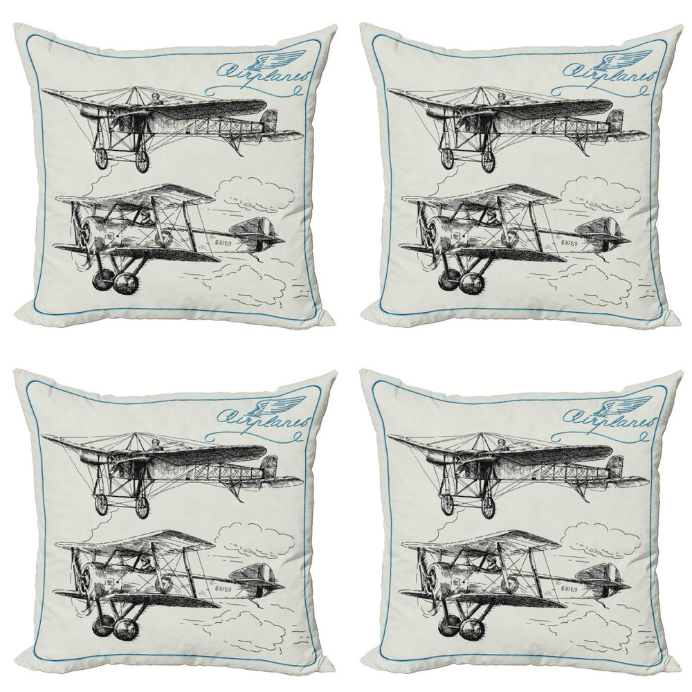 Ambesonne Airplane Throw Pillow Cushion Case Pack of 4, Classic Nostalgic Planes Aircraft Propeller in The Sky Fast Travel Wings Sketch, Modern Accent Double-Sided Digital Printing, 20", Blue Black
