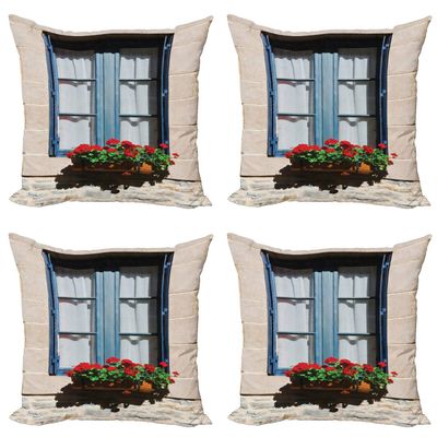 Ambesonne Country Decorative Throw Pillow Case Pack of 4, Mediterranean Style Window Open Shutters Image French Urban Life Theme Print, Cushion Cover for Couch Living Room Car, 16", Blue Grey