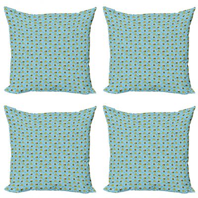 Ambesonne Honey Bee Throw Pillow Cushion Case Pack of 4, Cartoon Style Demonstration of Happy Bugs, Modern Accent Double-Sided Digital Printing, 18", Sky Blue