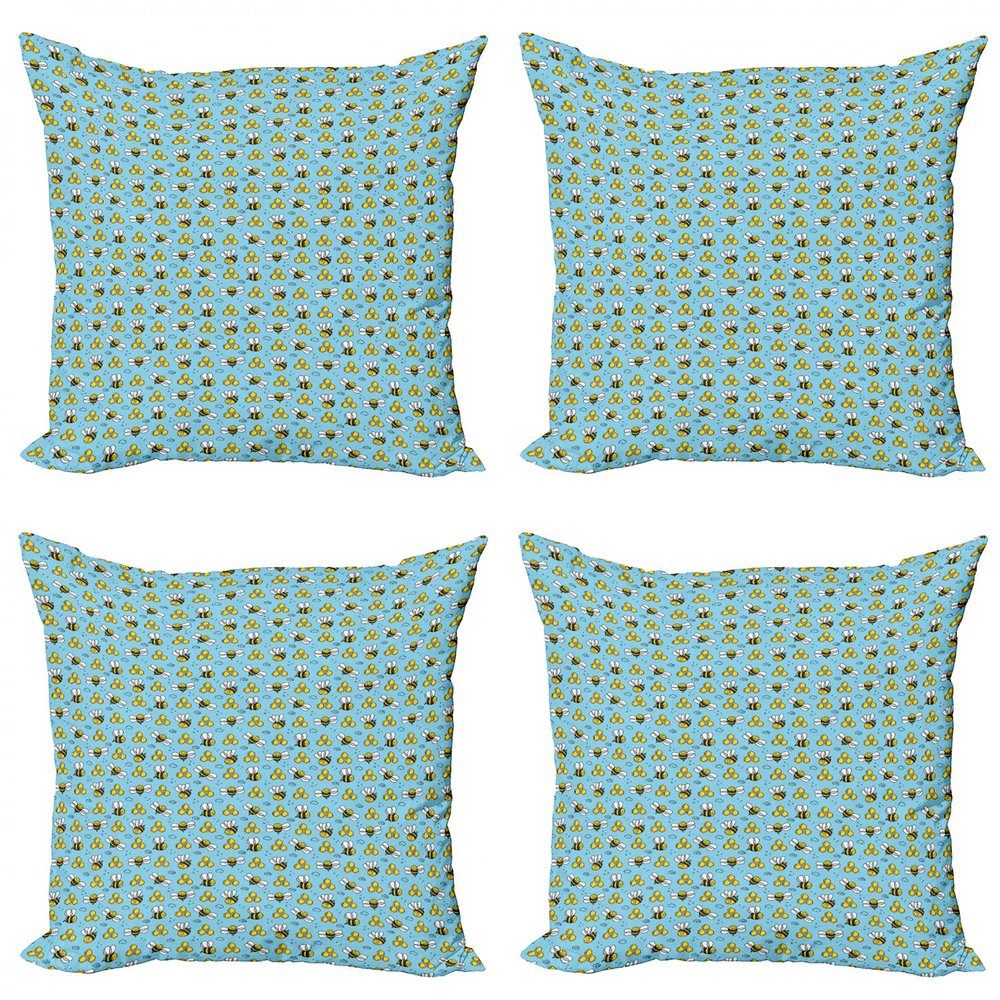Ambesonne Honey Bee Throw Pillow Cushion Case Pack of 4, Cartoon Style Demonstration of Happy Bugs, Modern Accent Double-Sided Digital Printing, 18", Sky Blue