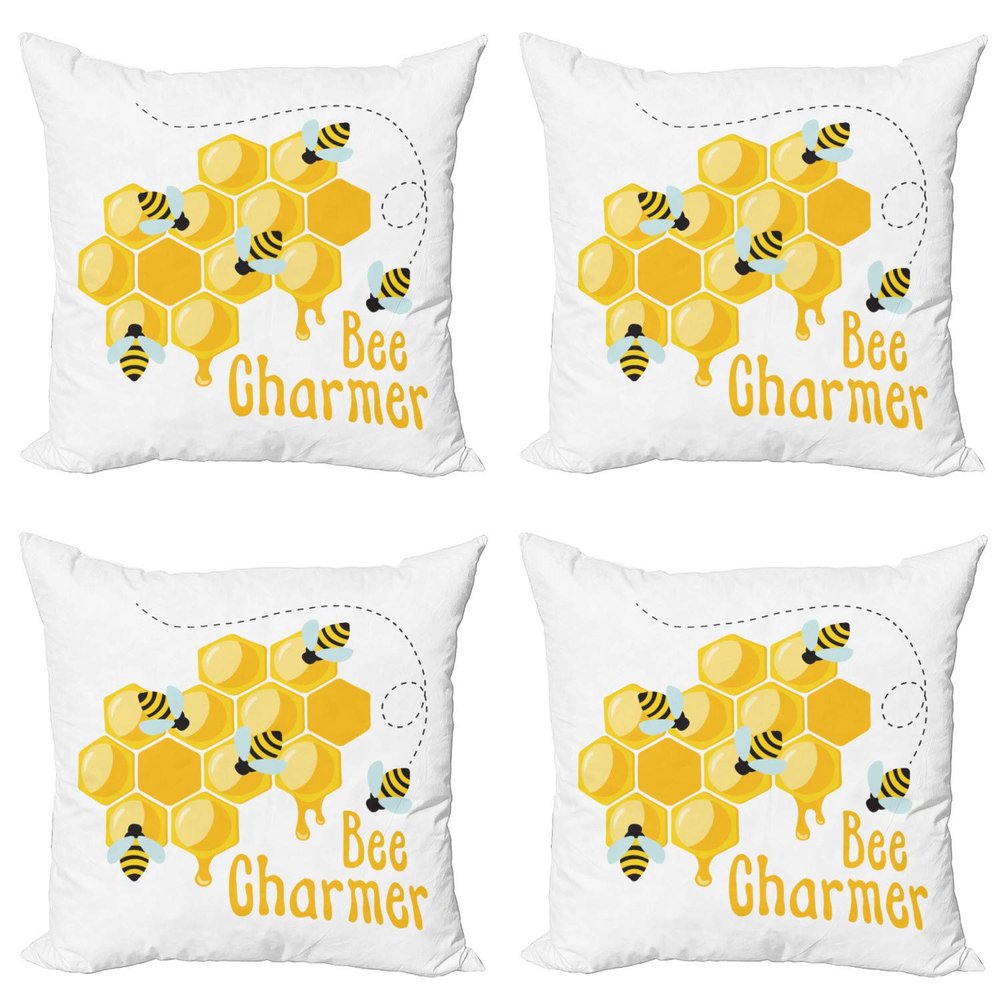 Ambesonne Honey Bee Decorative Throw Pillow Case Pack of 4, Bee Charmer Lettering Spring Time Layout, Cushion Cover for Couch Living Room Car, 20", Orange White