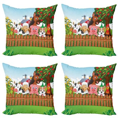 Ambesonne Cartoon Throw Pillow Cushion Case Pack of 4, Composition Farm Animals on Fence Comic Mascots Dog Cow Horse Kids Design, Modern Accent Double-Sided Digital Printing, 18", Green Brown