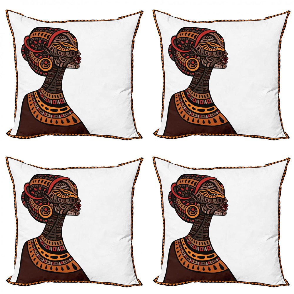 Ambesonne African Throw Pillow Cushion Case Pack of 4, Exotic Beauty Woman with Traditional Totem Illustration, Modern Accent Double-Sided Digital Printing, 18", Brown Cinnamon
