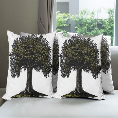 Ambesonne Tree of Life Decorative Throw Pillow Case Pack of 4, Digital Design of Mature Fruit Tree in Retro Engraving Style King of Forest, Cushion Cover for Couch Living Room Car, 24", Green White