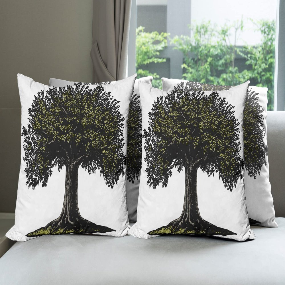 Ambesonne Tree of Life Decorative Throw Pillow Case Pack of 4, Digital Design of Mature Fruit Tree in Retro Engraving Style King of Forest, Cushion Cover for Couch Living Room Car, 24", Green White