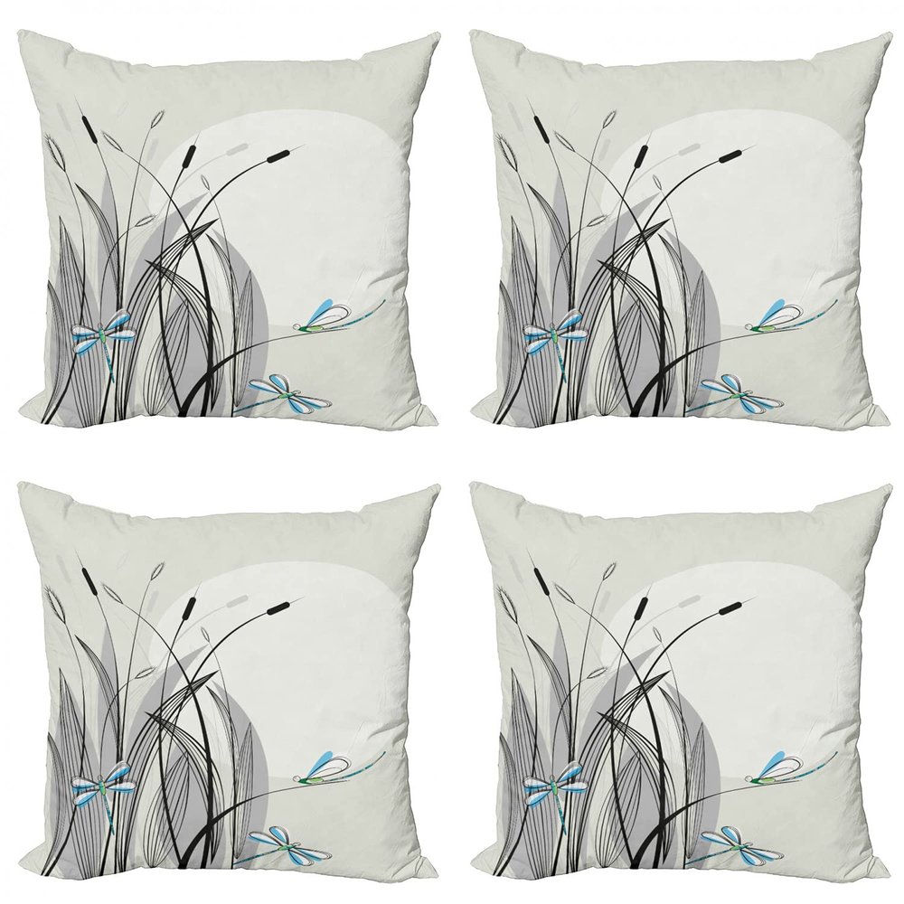 Ambesonne Dragonfly Decorative Throw Pillow Case Pack of 4, Dragonflies on Flowers and Branches Flourishing Nature Spring Time Predator, Cushion Cover for Couch Living Room Car, 16", Beige Charcoal