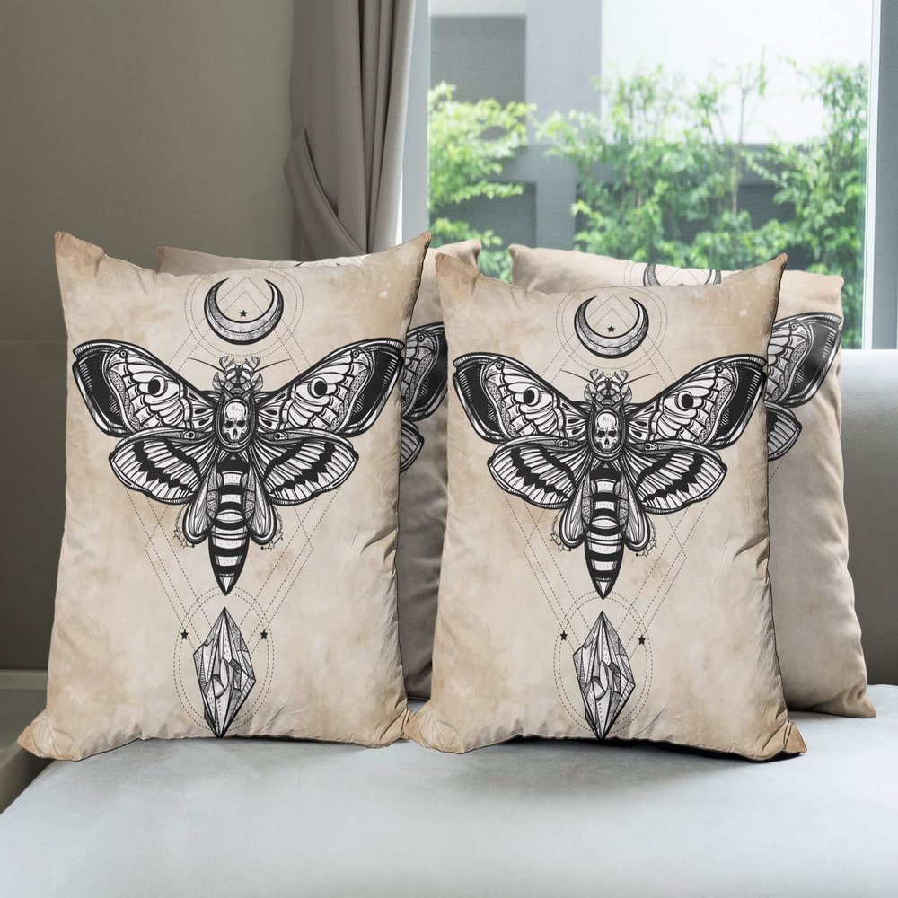 Ambesonne Fantasy Throw Pillow Cushion Case Pack of 4, Dead Head Hawk Moth Luna and Stone Magic Skull Illustration, Modern Accent Double-Sided Digital Printing, 24", Black Beige