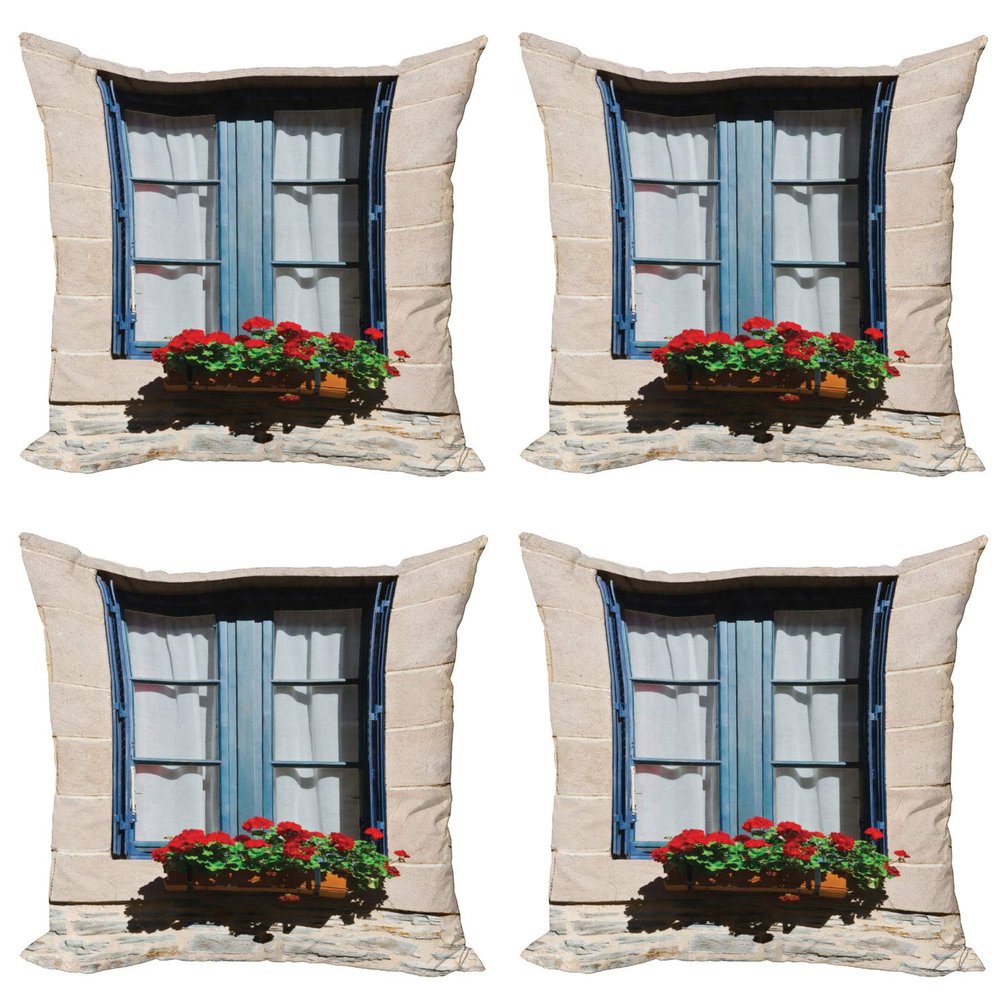 Ambesonne Country Decorative Throw Pillow Case Pack of 4, Mediterranean Style Window Open Shutters Image French Urban Life Theme Print, Cushion Cover for Couch Living Room Car, 24", Blue Grey