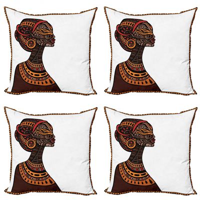 Ambesonne African Throw Pillow Cushion Case Pack of 4, Exotic Beauty Woman with Traditional Totem Illustration, Modern Accent Double-Sided Digital Printing, 20", Brown Cinnamon