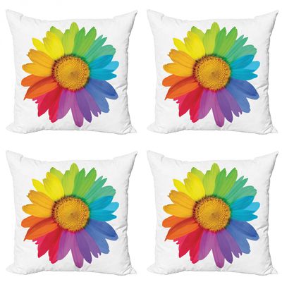Ambesonne Flower Decorative Throw Pillow Case Pack of 4, Rainbow Colored Sunflower or Daisy Spring Inspired Image Hippie Style Modern Design, Cushion Cover for Couch Living Room Car, 24", Yellow White