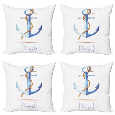 Ambesonne Anchor Throw Pillow Cushion Case Pack of 4, Watercolors Anchor and Rope Time to Travel Classic Sail Emblem Drogue Voyage, Modern Accent Double-Sided Digital Printing, 20", White Brown