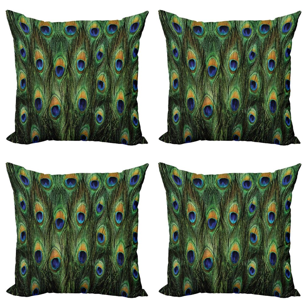 Ambesonne Peacock Throw Pillow Cushion Case Pack of 4, Peacock Tail Feathers Tropical Exotic Animals Close-up Picture Artwork, Modern Accent Double-Sided Digital Printing, 20", Green Mustard