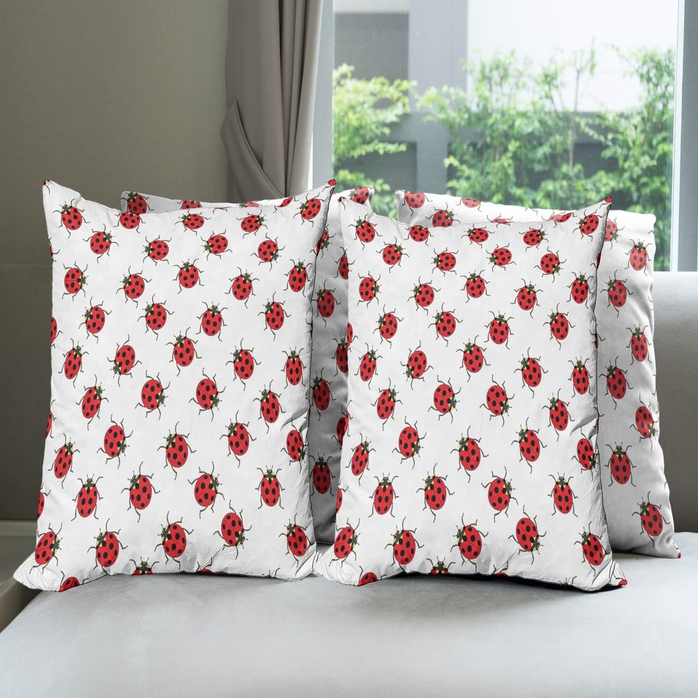 Ambesonne Ladybugs Throw Pillow Cushion Case Pack of 4, Ladybugs Pattern Bunch of Bugs Infinite Speckled Marked Insect Theme Playroom Kids, Modern Accent Double-Sided Digital Printing, 16", White Red