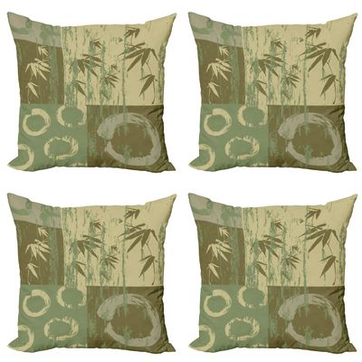 Ambesonne Asian Themed Decorative Throw Pillow Case Pack of 4, Circle and Branch Silhouette Over Vintage Color Oriental Eastern Patchwork Like Art, Cushion Cover for Couch Living Room Car, 20", Green