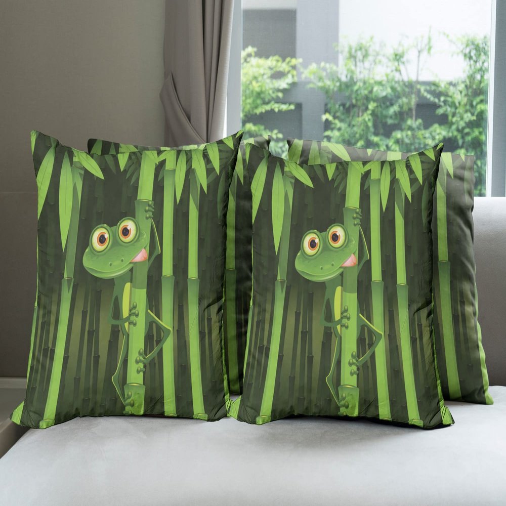 Ambesonne Animal Throw Pillow Cushion Case Pack of 4, Funny Illustration of a Friendly Fun Frog Character on Jungle Trees Nature Forest Cartoon, Modern Accent Double-Sided Digital Printing, 16", Green