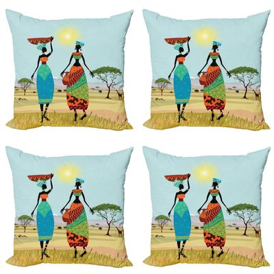 Ambesonne African Throw Pillow Cushion Case Pack of 4, Traditional Scenario of Lady Silhouettes in The Meadow Land Sunny Day Illustration, Modern Accent Double-Sided Digital Printing, 16", Multicolor