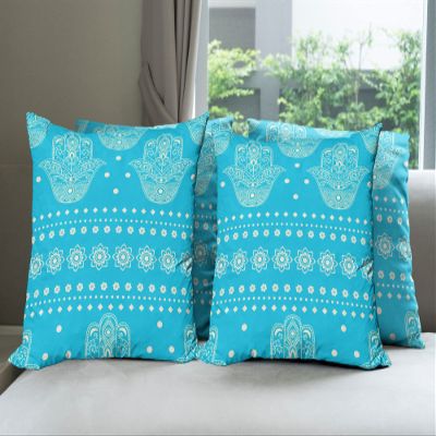 Ambesonne Hamsa Throw Pillow Cushion Case Pack of 4, Theme Hamsa Hands Geometric and Floral Pattern Evil Eye Protection, Modern Accent Double-Sided Digital Printing, 20", Blue