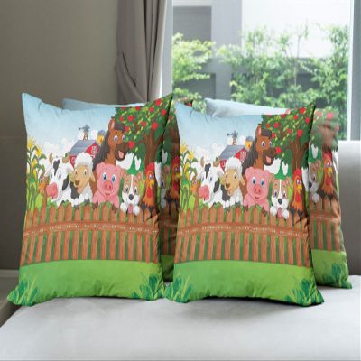 Ambesonne Cartoon Throw Pillow Cushion Case Pack of 4, Composition Farm Animals on Fence Comic Mascots Dog Cow Horse Kids Design, Modern Accent Double-Sided Digital Printing, 16", Green Brown