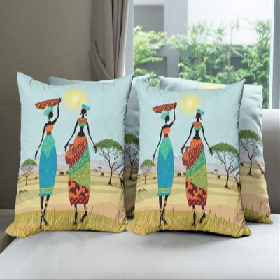 Ambesonne African Throw Pillow Cushion Case Pack of 4, Traditional Scenario of Lady Silhouettes in The Meadow Land Sunny Day Illustration, Modern Accent Double-Sided Digital Printing, 20", Multicolor