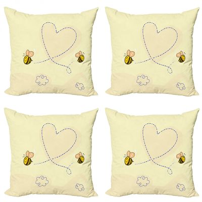 Ambesonne Honey Bee Decorative Throw Pillow Case Pack of 4, Buzzing Flies Forming a Heart Drawn by Hand, Cushion Cover for Couch Living Room Car, 18", Yellow Champagne