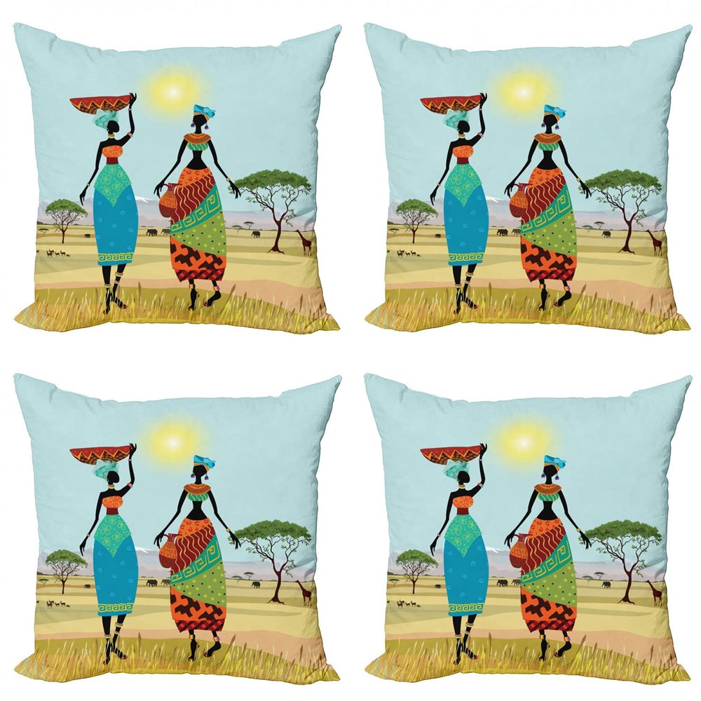 Ambesonne African Throw Pillow Cushion Case Pack of 4, Traditional Scenario of Lady Silhouettes in The Meadow Land Sunny Day Illustration, Modern Accent Double-Sided Digital Printing, 24", Multicolor