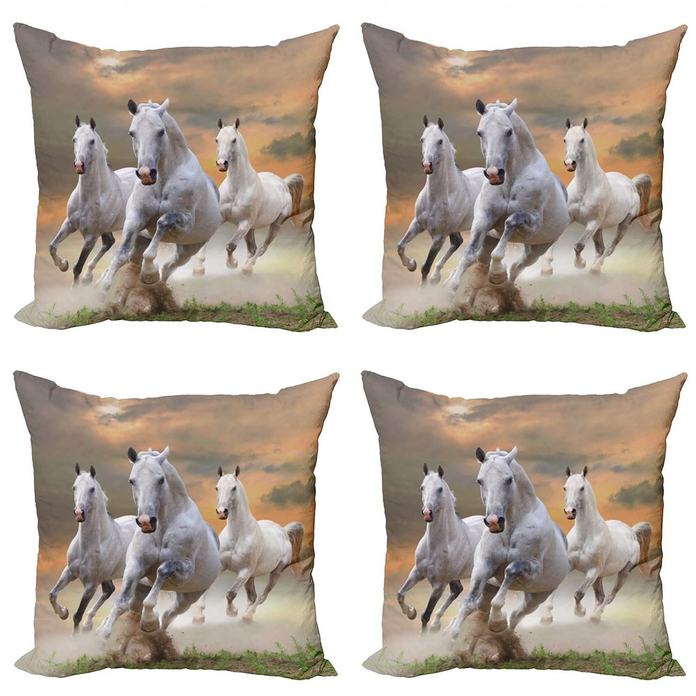 Ambesonne Horses Decorative Throw Pillow Case Pack of 4, Stallion Horses Running on a Mystic Sky Background Male Champions Print, Cushion Cover for Couch Living Room Car, 24", White Orange