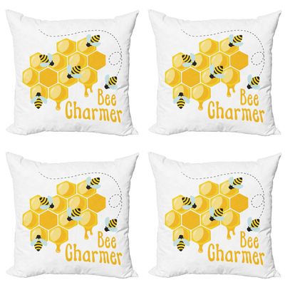 Ambesonne Honey Bee Decorative Throw Pillow Case Pack of 4, Bee Charmer Lettering Spring Time Layout, Cushion Cover for Couch Living Room Car, 18", Orange White
