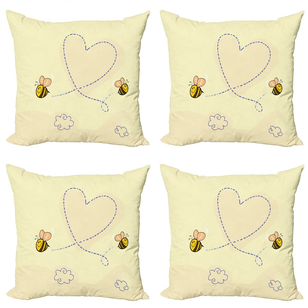 Ambesonne Honey Bee Decorative Throw Pillow Case Pack of 4, Buzzing Flies Forming a Heart Drawn by Hand, Cushion Cover for Couch Living Room Car, 16", Yellow Champagne