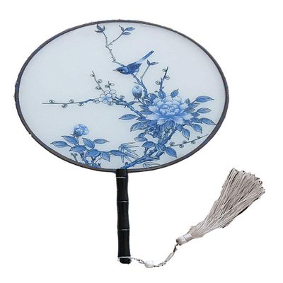 Seres Classic Round Fan,Wood Fan Rib&Semi-Transparent Silk Cloth,10+ Optional Patterns,Diameter 8.3in, (3.Bird on Blooms)