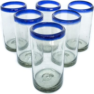 MexHandcraft Cobalt Blue Rim 9 oz Juice Glasses (set of 6), Recycled Glass, Lead-free, Toxin-Free (9 oz Juice)