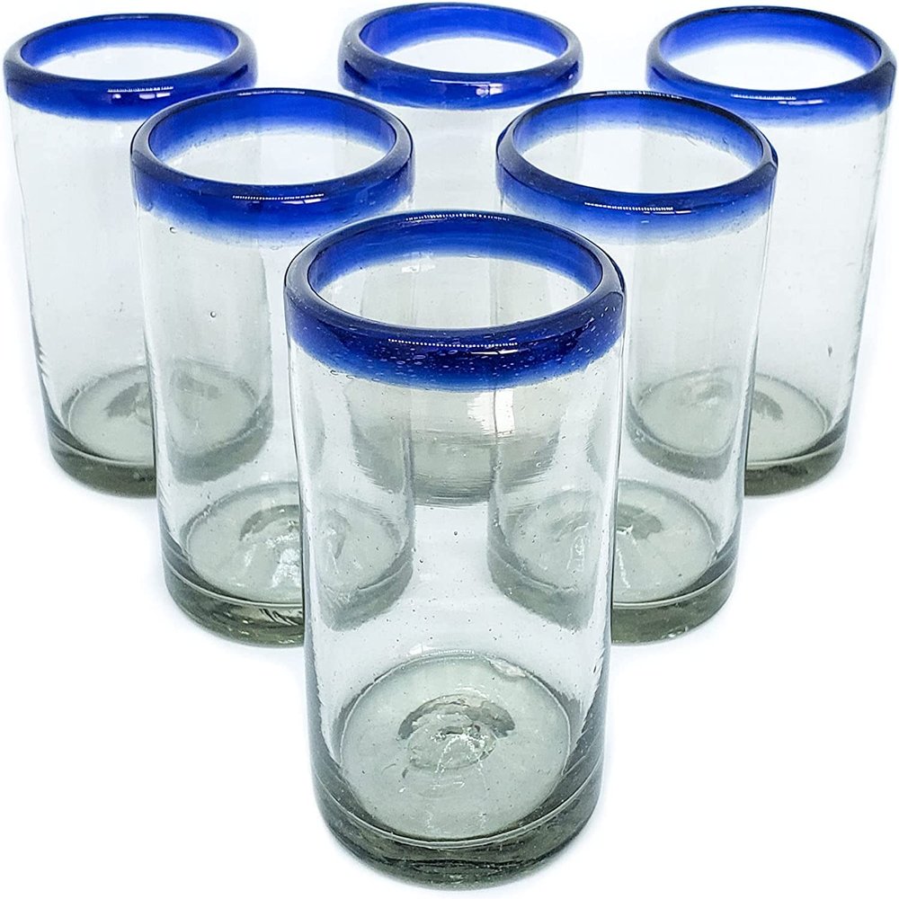 MexHandcraft Cobalt Blue Rim 9 oz Juice Glasses (set of 6), Recycled Glass, Lead-free, Toxin-Free (9 oz Juice)
