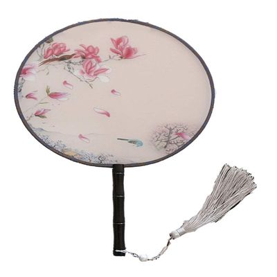 Seres Classic Round Fan,Wood Fan Rib&Semi-Transparent Silk Cloth,10+ Optional Patterns,Diameter 8.3in, (2.Pink Blooms)
