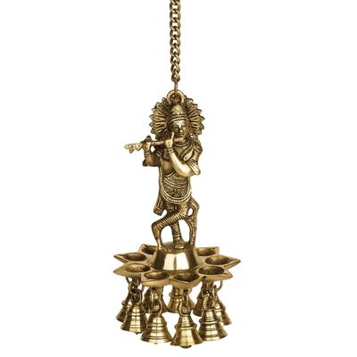 Wgloryind Brass Wall Hanging Laddu Gopal Lord Krishna Oil Lamp Diya with Bells | Home Dcor