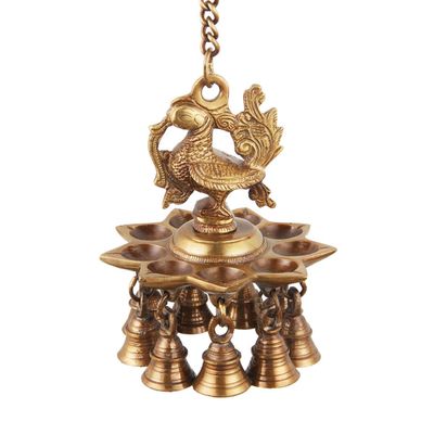 Wgloryind Hanging Peacock Brass Diya with Bells | Home Dcor