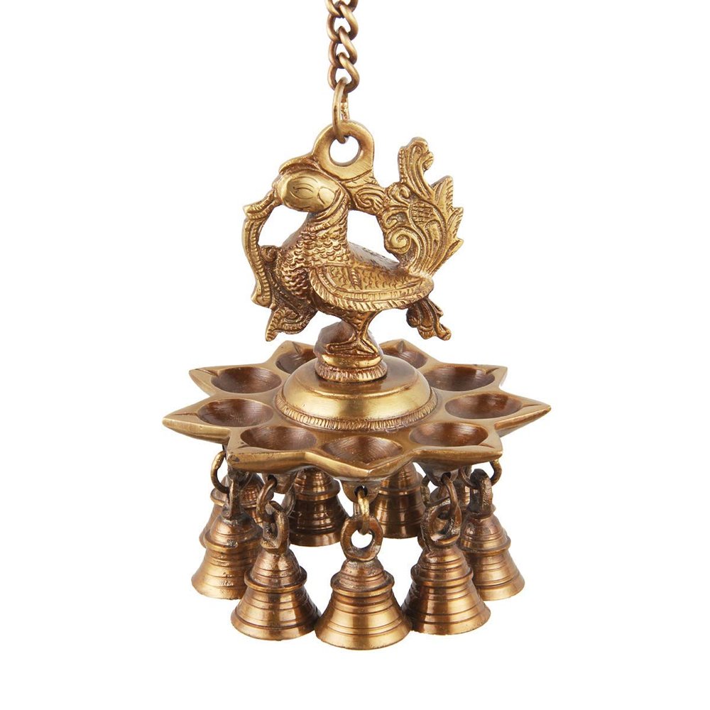 Wgloryind Hanging Peacock Brass Diya with Bells | Home Dcor
