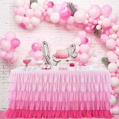 14ft Pink Tutu Tulle Table Skirt for Rectangle Round Tables Chiffon Table Cloth for 1st Birthday Party Decorations Baby Shower Girls Parties Cake Dessert Table Decorations Ruffle Table Skirting