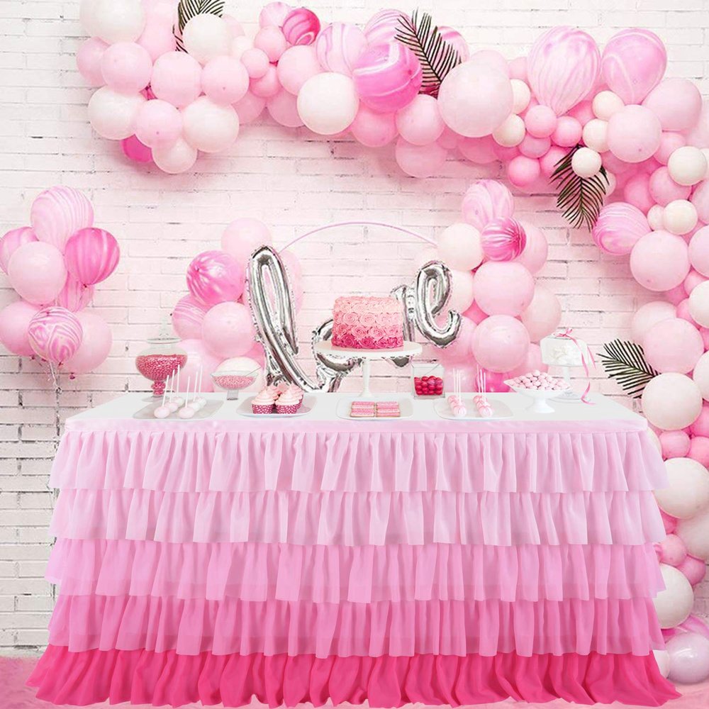 14ft Pink Tutu Tulle Table Skirt for Rectangle Round Tables Chiffon Table Cloth for 1st Birthday Party Decorations Baby Shower Girls Parties Cake Dessert Table Decorations Ruffle Table Skirting