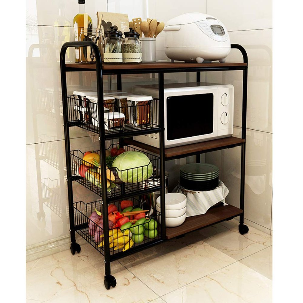 ZY Trolley Metal Utility Rack with 3 Storage Mesh Shelves, Easy Assembly Rolling Bar Cart, for Kitchen Pantry Office Garage