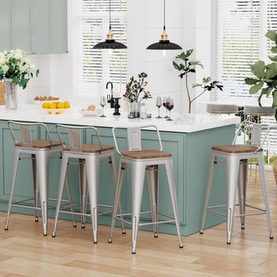 Alunaune 26" Metal Bar Stools Set of 4 Industrial Counter Stool Kitchen Counter Height Bar Stools with Back Wooden Seat-Silver