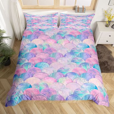 Erosebridal Fish Scales Duvet Cover Pink Purple Mermaid Scales Pattern Bedding Set for Adult Women Girls Bedroom Decor Comforter Cover Ocean Theme Decor Soft Bedspread with Zipper Ties, Full Size