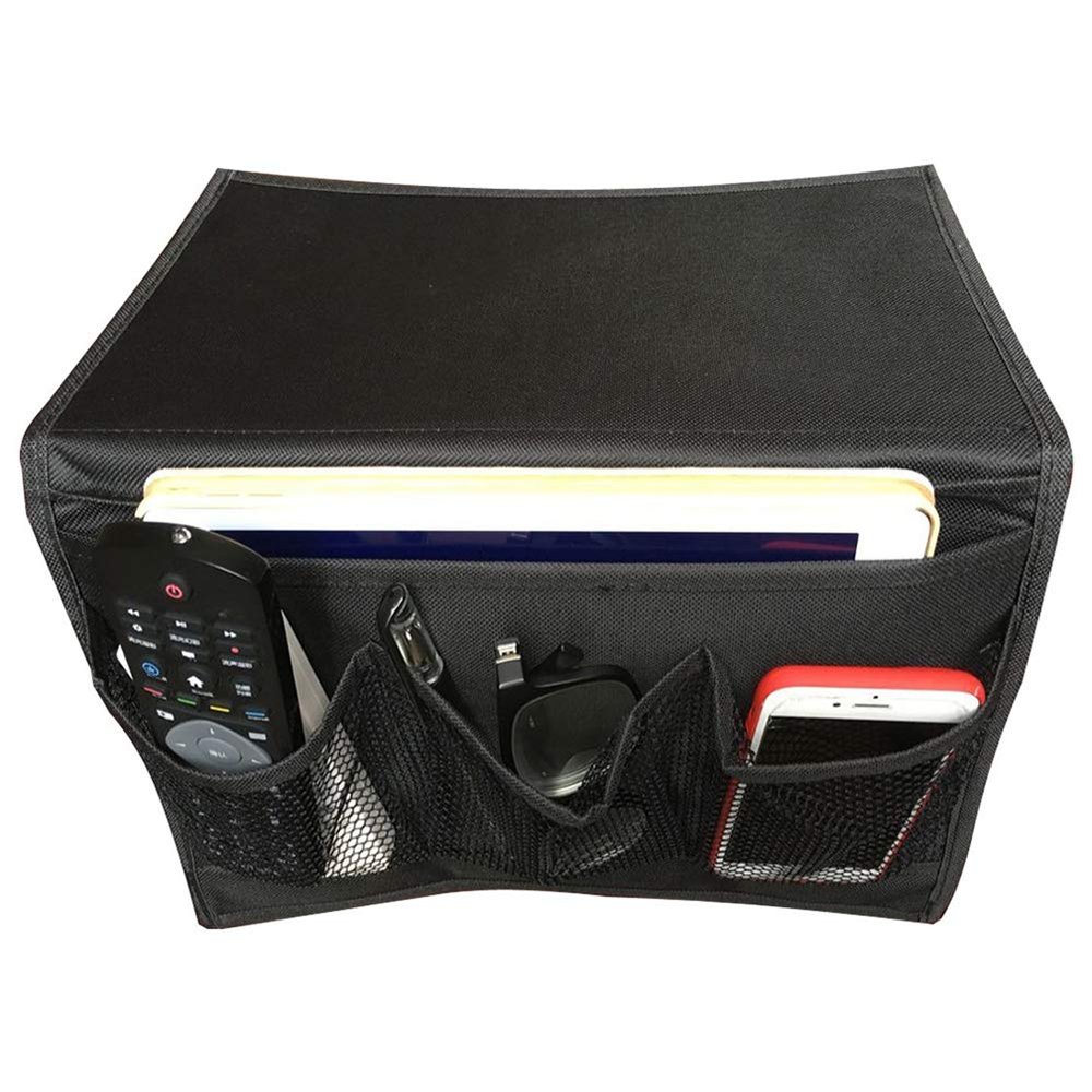 Bedside Storage Organizer Caddy Hanging Bag with 4 Pockets for Books, Magazines and Remote Control (Black)