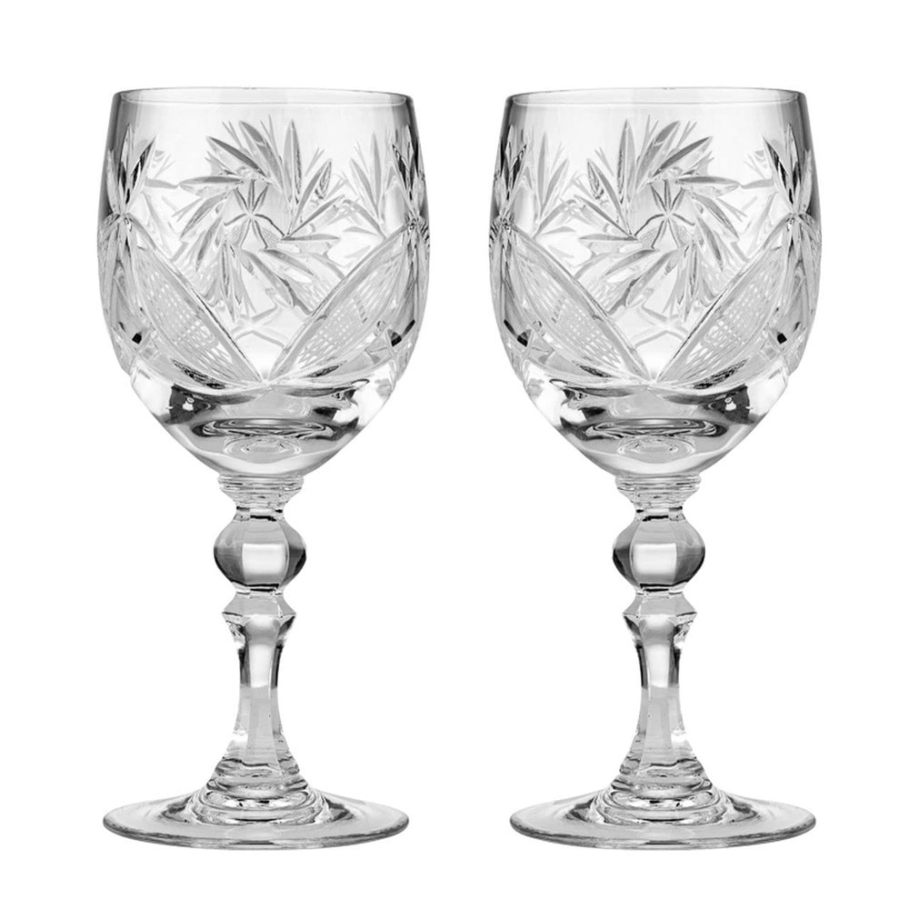 Neman Set of 2 Hand Made Vintage Crystal Classic Wine Goblets on a Stem 6.4" H, Old-Fashioned Glassware