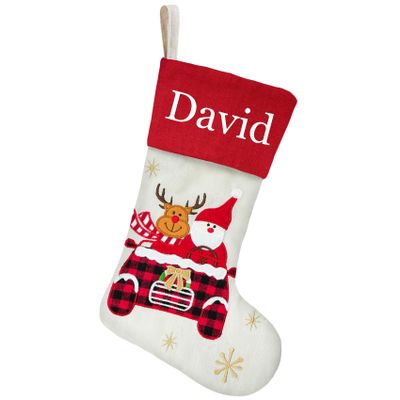 DearSun 18" Dia Personalized Christmas Stocking with Embroidered Names, Reindeer and Santa in Car Designs Quality Linen Stockings for Holiday Family Decor (Reindeer and Santa in Car)