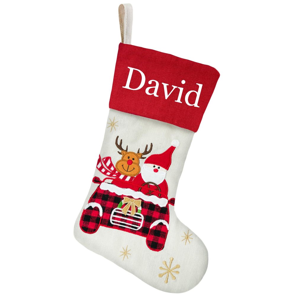 DearSun 18" Dia Personalized Christmas Stocking with Embroidered Names, Reindeer and Santa in Car Designs Quality Linen Stockings for Holiday Family Decor (Reindeer and Santa in Car)