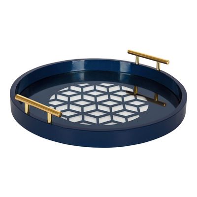 Kate and Laurel Caspen Round Cut Out Pattern Decorative Tray with Gold Metal Handles, 15.5", Navy and Gold